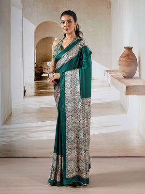 Green Printed Ajarakh Satin Crepe Saree With Blouse Piece
