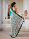 Green Printed Ajarakh Satin Crepe Saree With Blouse Piece
