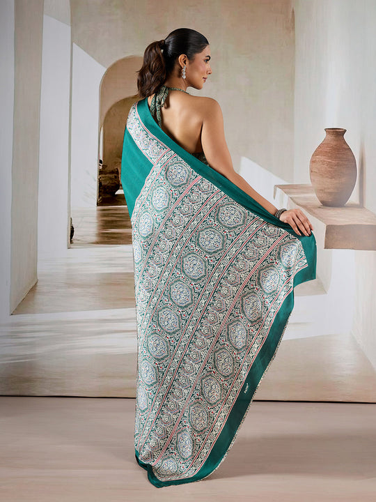 Green Printed Ajarakh Satin Crepe Saree With Blouse Piece