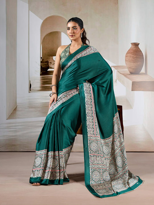 Green Printed Ajarakh Satin Crepe Saree With Blouse Piece