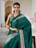 Green Printed Ajarakh Satin Crepe Saree With Blouse Piece