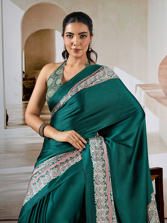 Green Printed Ajarakh Satin Crepe Saree With Blouse Piece