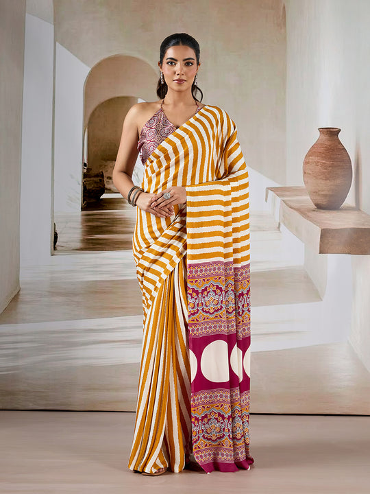 Yellow Printed Ajarakh Satin Crepe Saree With Blouse Piece