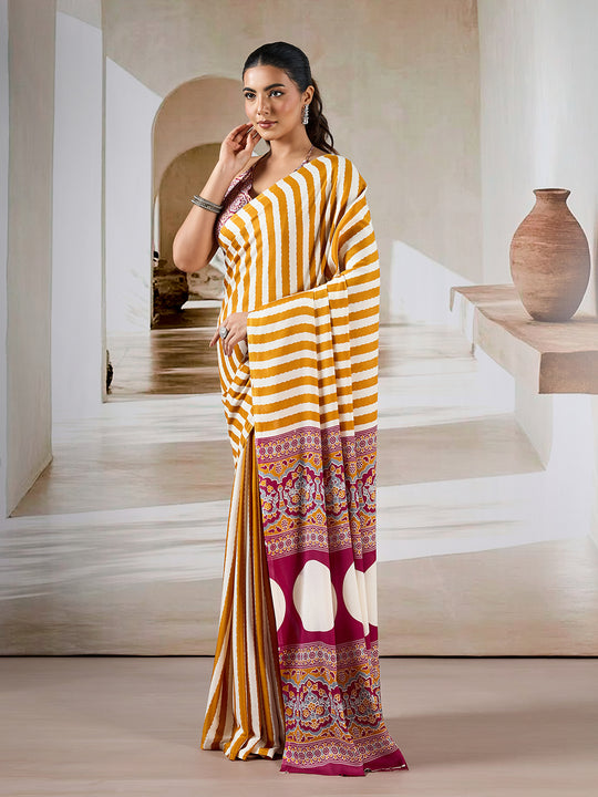 Yellow Printed Ajarakh Satin Crepe Saree With Blouse Piece