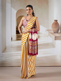 Yellow Printed Ajarakh Satin Crepe Saree With Blouse Piece