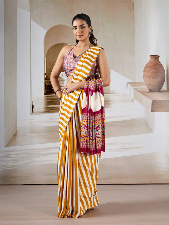 Yellow Printed Ajarakh Satin Crepe Saree With Blouse Piece