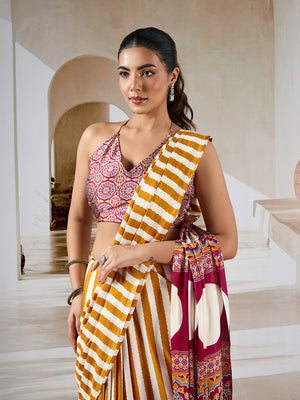 Yellow Printed Ajarakh Satin Crepe Saree With Blouse Piece