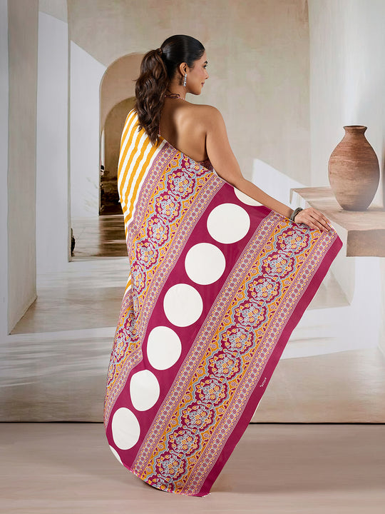 Yellow Printed Ajarakh Satin Crepe Saree With Blouse Piece