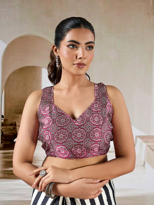 Black Printed Ajarakh Satin Crepe Saree With Blouse Piece