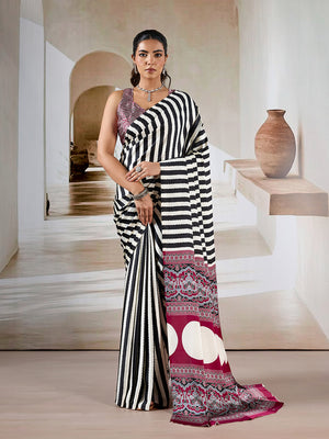 Black Printed Ajarakh Satin Crepe Saree With Blouse Piece