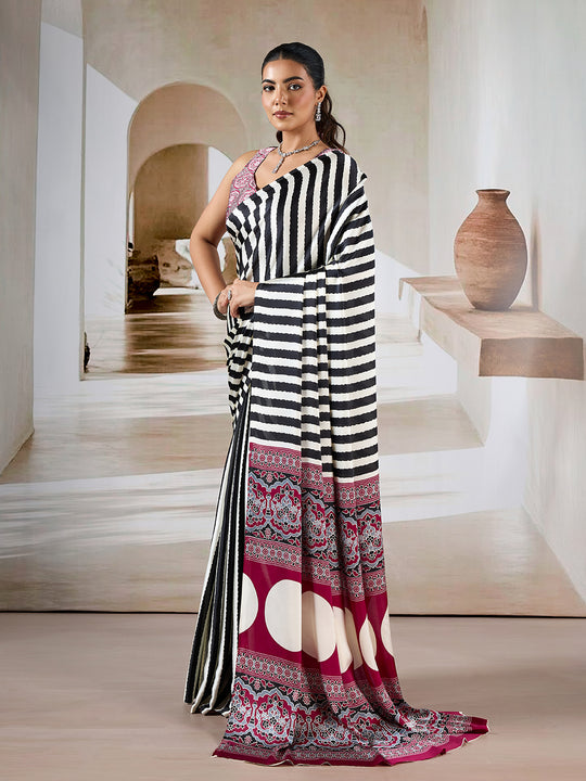 Black Printed Ajarakh Satin Crepe Saree With Blouse Piece