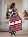 Black Printed Ajarakh Satin Crepe Saree With Blouse Piece