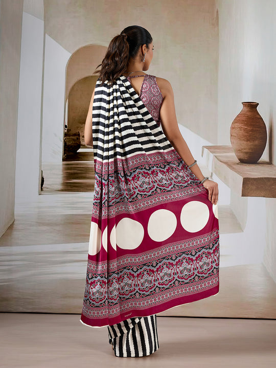 Black Printed Ajarakh Satin Crepe Saree With Blouse Piece