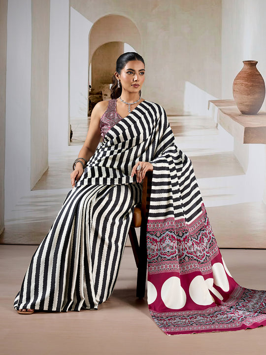 Black Printed Ajarakh Satin Crepe Saree With Blouse Piece