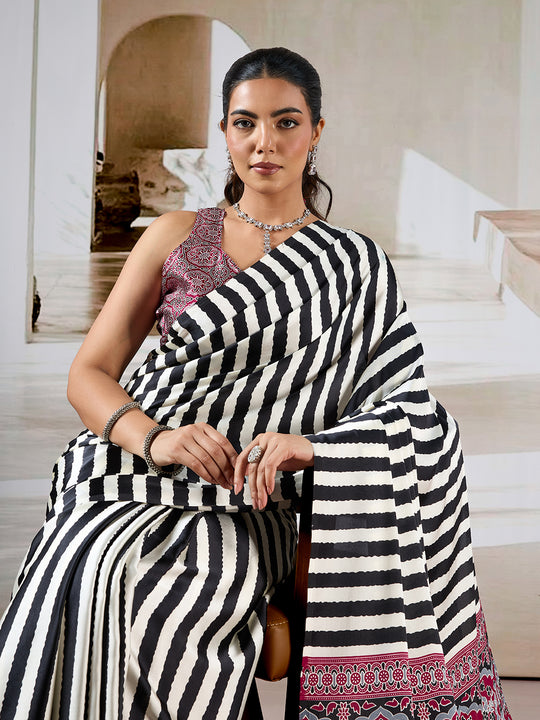 Black Printed Ajarakh Satin Crepe Saree With Blouse Piece