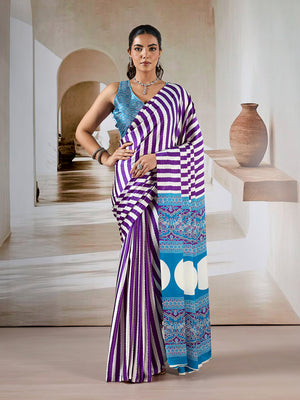 Purple Printed Ajarakh Satin Crepe Saree With Blouse Piece