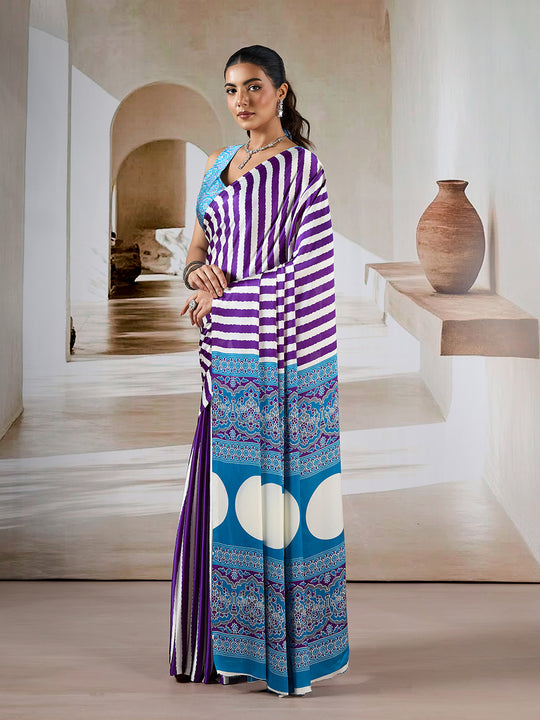 Purple Printed Ajarakh Satin Crepe Saree With Blouse Piece