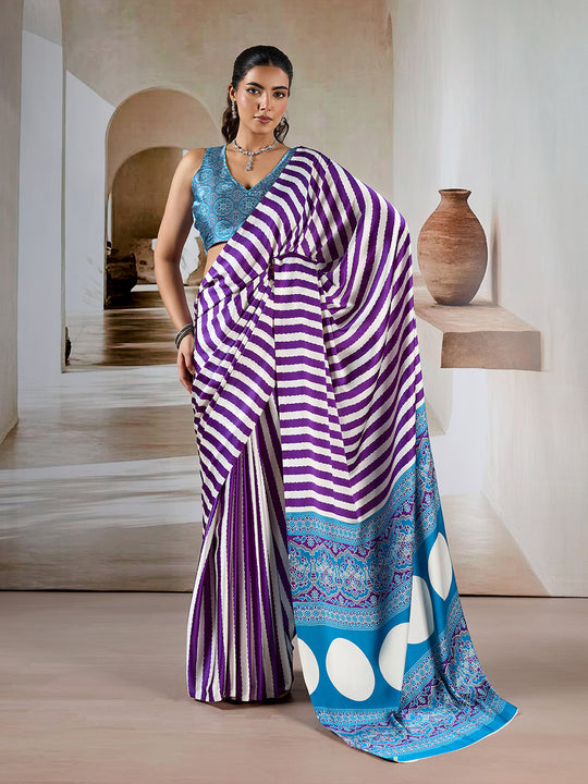 Purple Printed Ajarakh Satin Crepe Saree With Blouse Piece