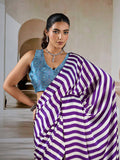 Purple Printed Ajarakh Satin Crepe Saree With Blouse Piece