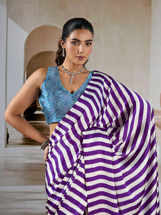 Purple Printed Ajarakh Satin Crepe Saree With Blouse Piece