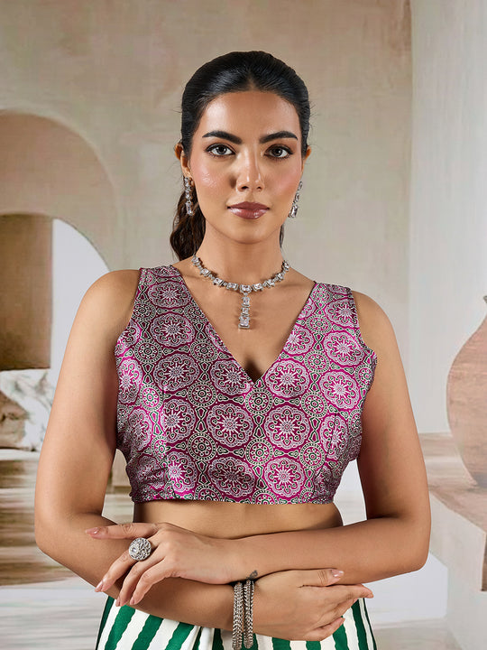 Green Printed Ajarakh Satin Crepe Saree With Blouse Piece