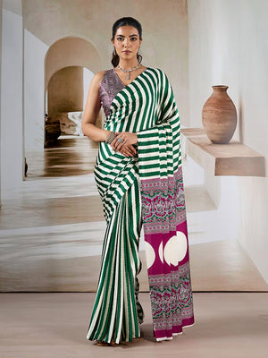 Green Printed Ajarakh Satin Crepe Saree With Blouse Piece