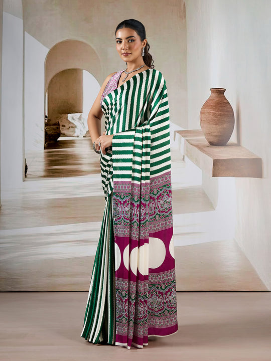 Green Printed Ajarakh Satin Crepe Saree With Blouse Piece