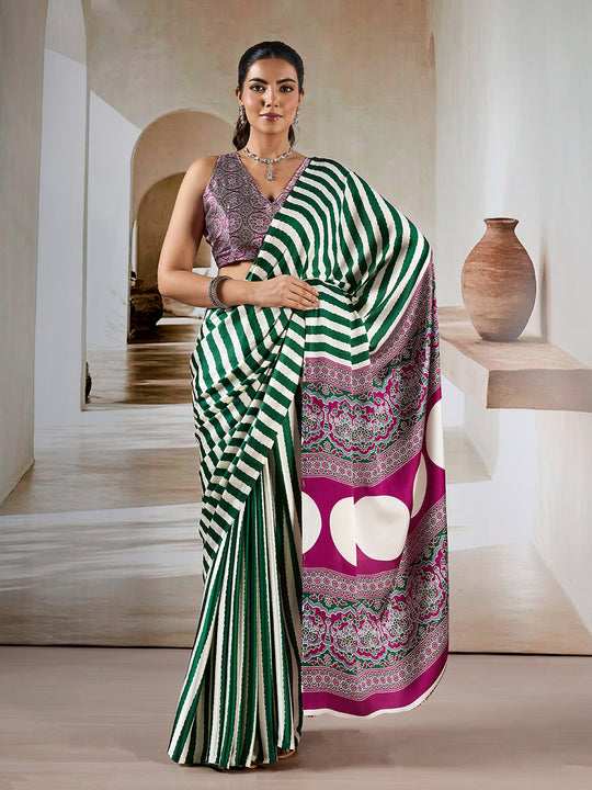 Green Printed Ajarakh Satin Crepe Saree With Blouse Piece
