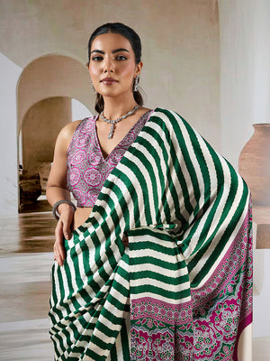 Green Printed Ajarakh Satin Crepe Saree With Blouse Piece