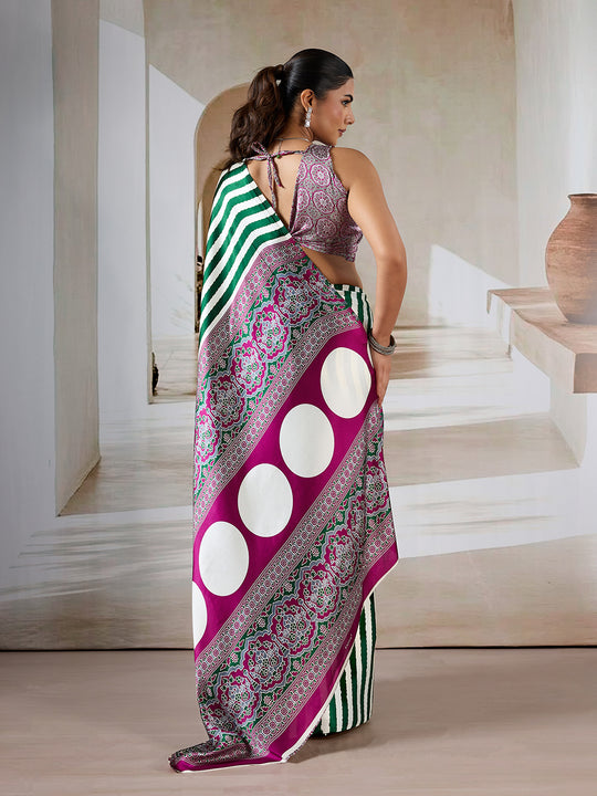Green Printed Ajarakh Satin Crepe Saree With Blouse Piece