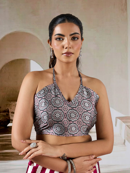 Wine Printed Ajarakh Satin Crepe Saree With Blouse Piece