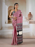 Wine Printed Ajarakh Satin Crepe Saree With Blouse Piece