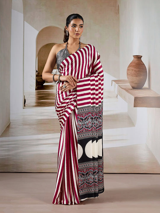 Wine Printed Ajarakh Satin Crepe Saree With Blouse Piece
