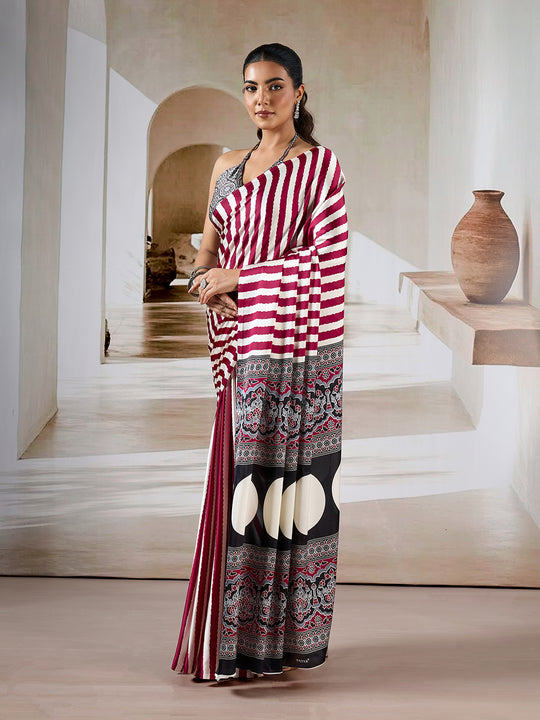 Maroon Printed Ajarakh Satin Crepe Saree With Blouse Piece