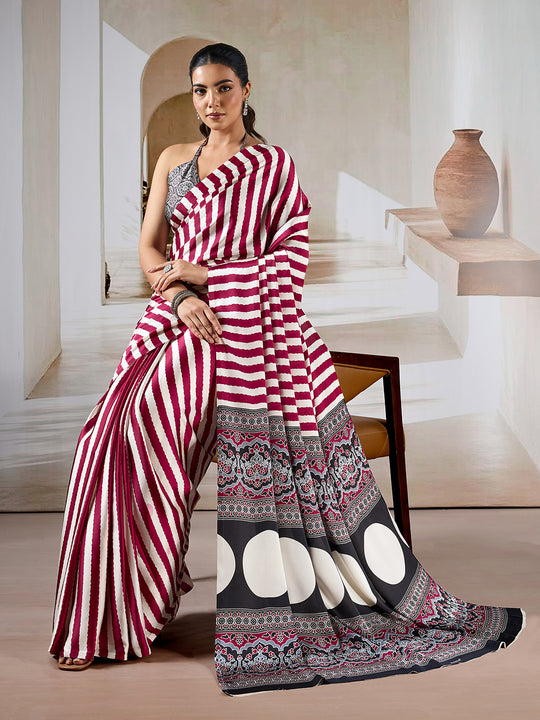 Maroon Printed Ajarakh Satin Crepe Saree With Blouse Piece