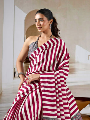 Wine Printed Ajarakh Satin Crepe Saree With Blouse Piece
