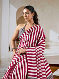 Wine Printed Ajarakh Satin Crepe Saree With Blouse Piece