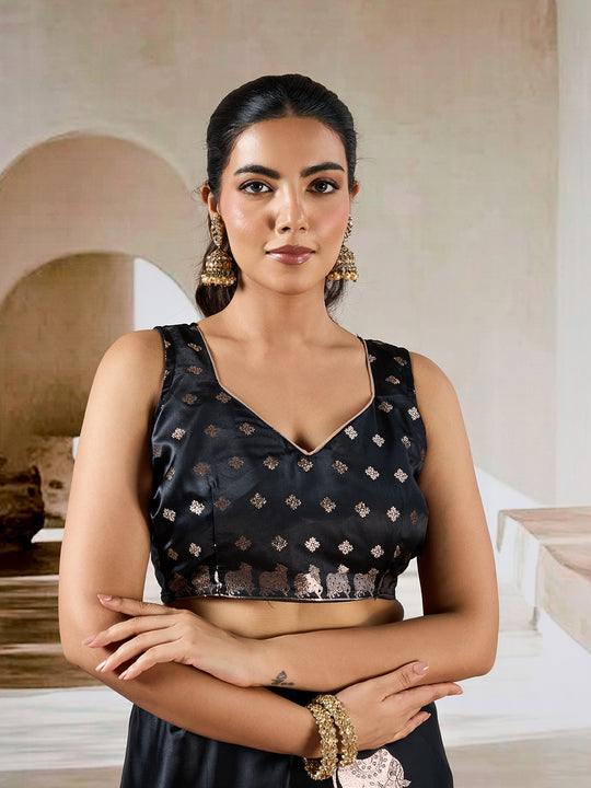 Black Pure Satin Handloom Weaving Silk Saree With Blouse Piece