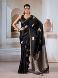 Black Pure Satin Handloom Weaving Silk Saree With Blouse Piece