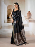 Black Pure Satin Handloom Weaving Silk Saree With Blouse Piece