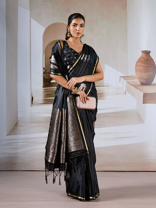 Black Pure Satin Handloom Weaving Silk Saree With Blouse Piece