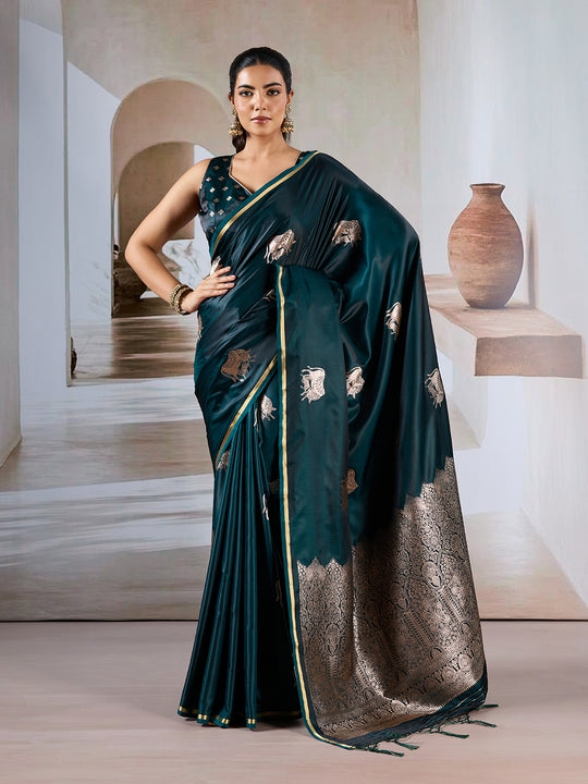 Dark Green Pure Satin Handloom Weaving Silk Saree With Blouse Piece