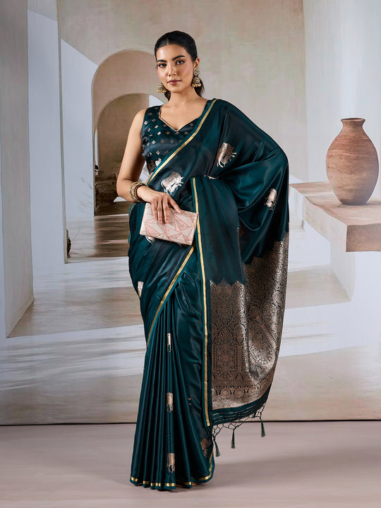 Dark Green Pure Satin Handloom Weaving Silk Saree With Blouse Piece