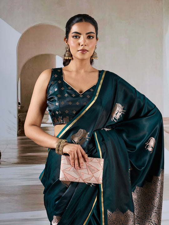 Dark Green Pure Satin Handloom Weaving Silk Saree With Blouse Piece