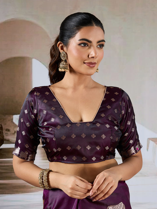 Wine Red Pure Satin Handloom Weaving Silk Saree With Blouse Piece