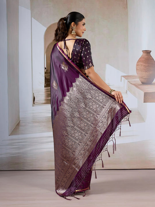 Wine Red Pure Satin Handloom Weaving Silk Saree With Blouse Piece