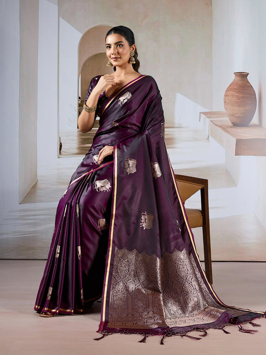 Wine Red Pure Satin Handloom Weaving Silk Saree With Blouse Piece