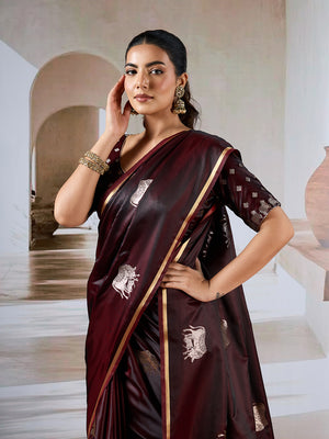 Brown Pure Satin Handloom Weaving Silk Saree With Blouse Piece