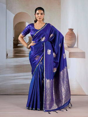 Blue Pure Satin Handloom Weaving Silk Saree With Blouse Piece