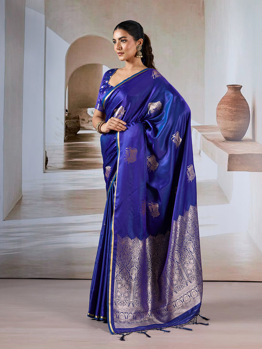 Blue Pure Satin Handloom Weaving Silk Saree With Blouse Piece